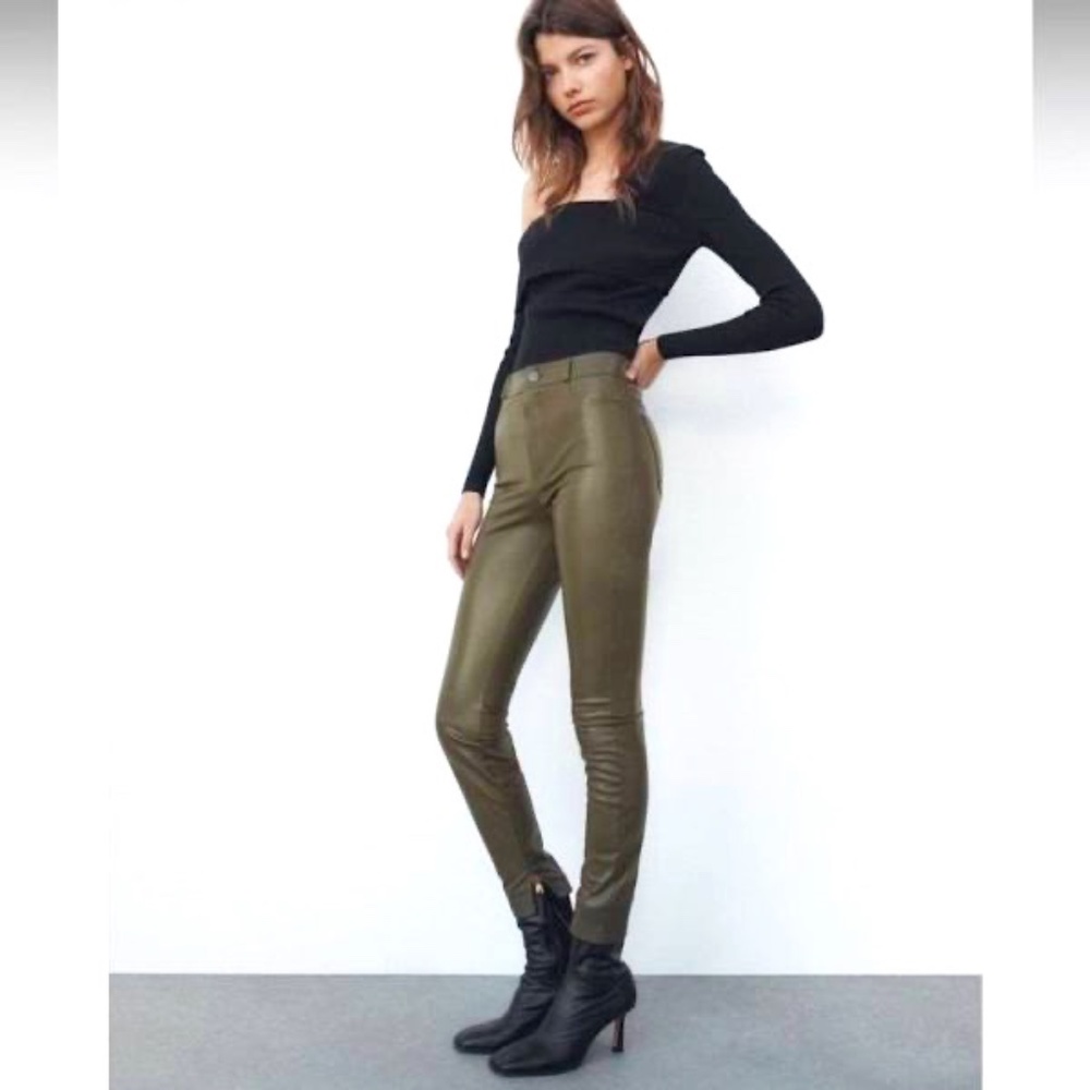 ZARA Olive Green Skinny Faux Leather Pants Leggings High Waist Trendy / Size XS